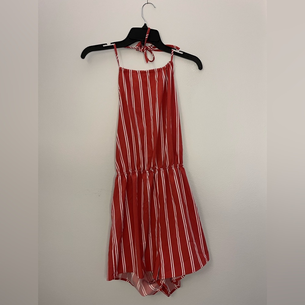 Red with white stripes romper. Fits like a medium.